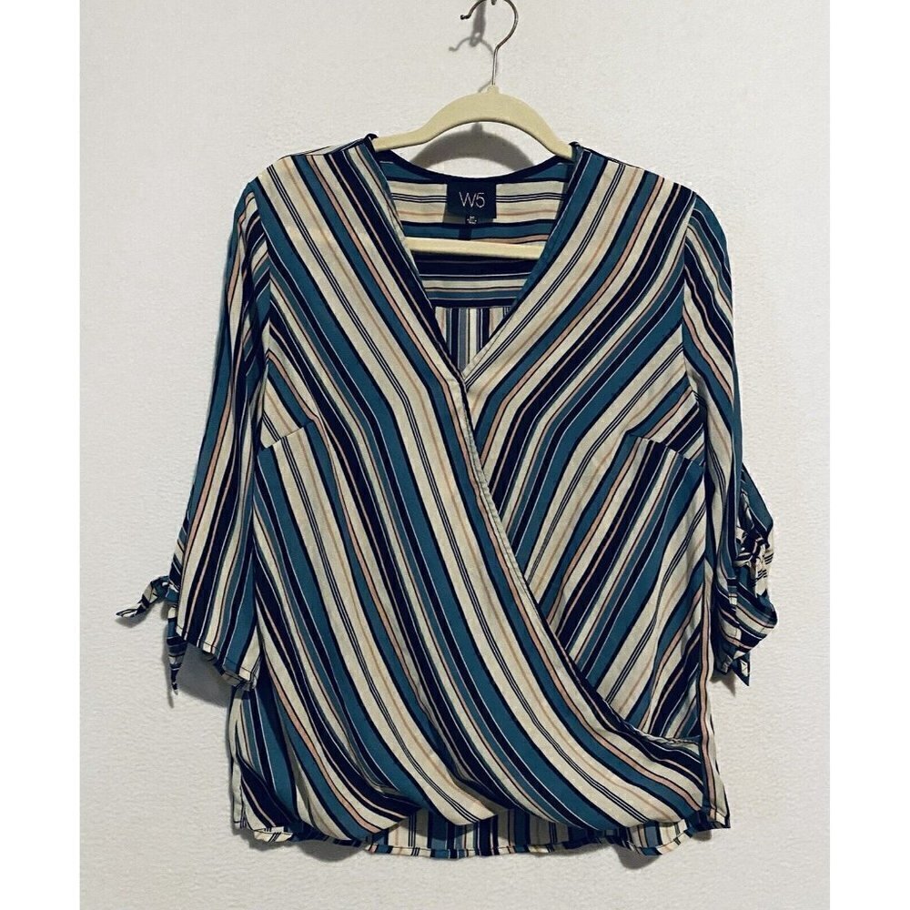 Anthropologie W5 Top Womens Medium Striped Surplice Front Faux Wrap Tie Sleeve